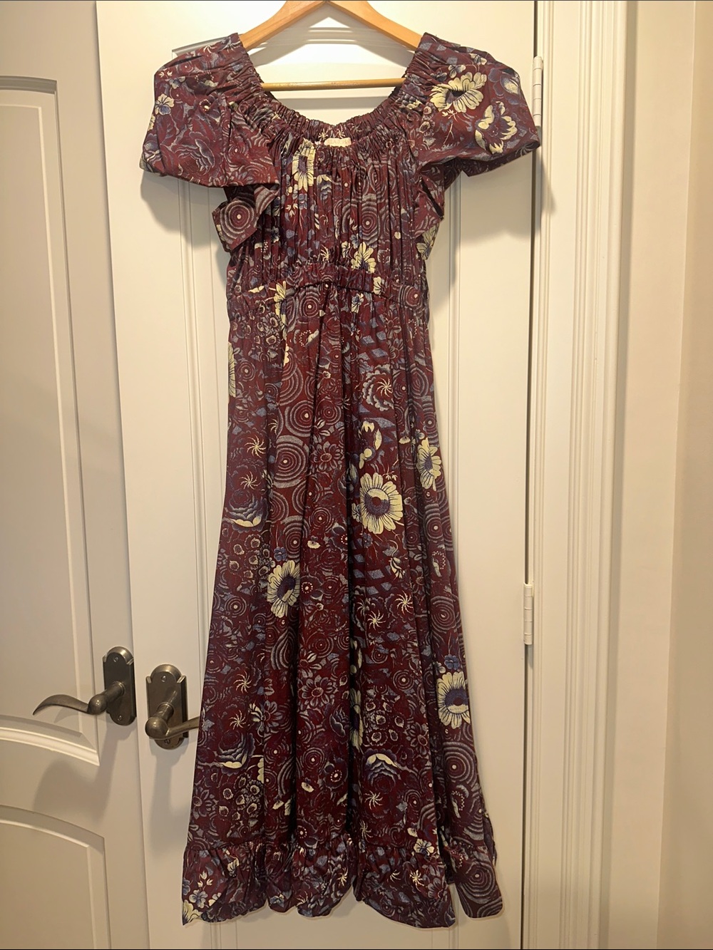 Ulla Johnson Burgundy Floral Maxi Dress with Cream & Navy Accents